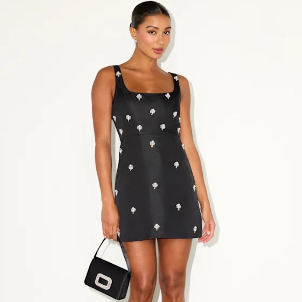 Lulu’s Naveena black satin pearl rhinestone mini dress